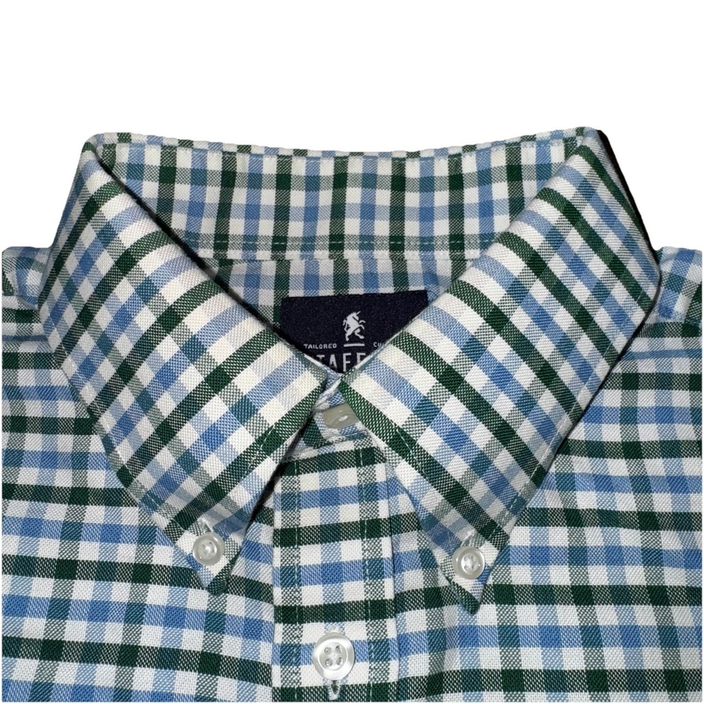 Stafford Mens 2XL Oxford Dress Shirt Button Up Cotton Green Blue Gingham Plaid - Picture 3 of 16
